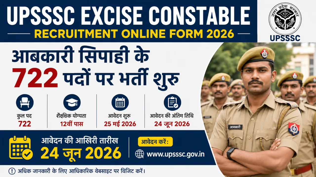 UPSSSC Excise Constable Recruitment Online Form for 722 Post 2026: आबकारी सिपाही के 722 पदों पर भर्ती शुरू, आवेदन की आखिरी तारीख 24 जून