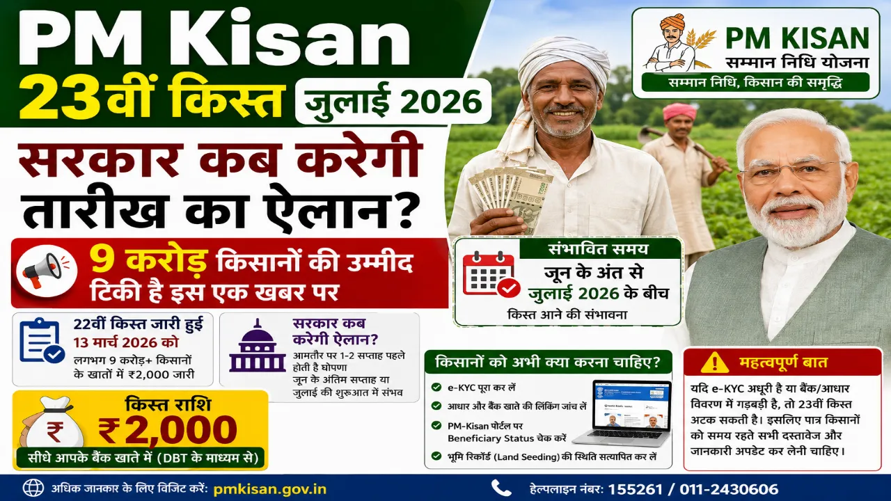 PM Kisan 23वीं किस्त जुलाई 2026: सरकार कब करेगी तारीख का ऐलान? 9 करोड़ किसानों की उम्मीद टिकी है इस एक खबर पर