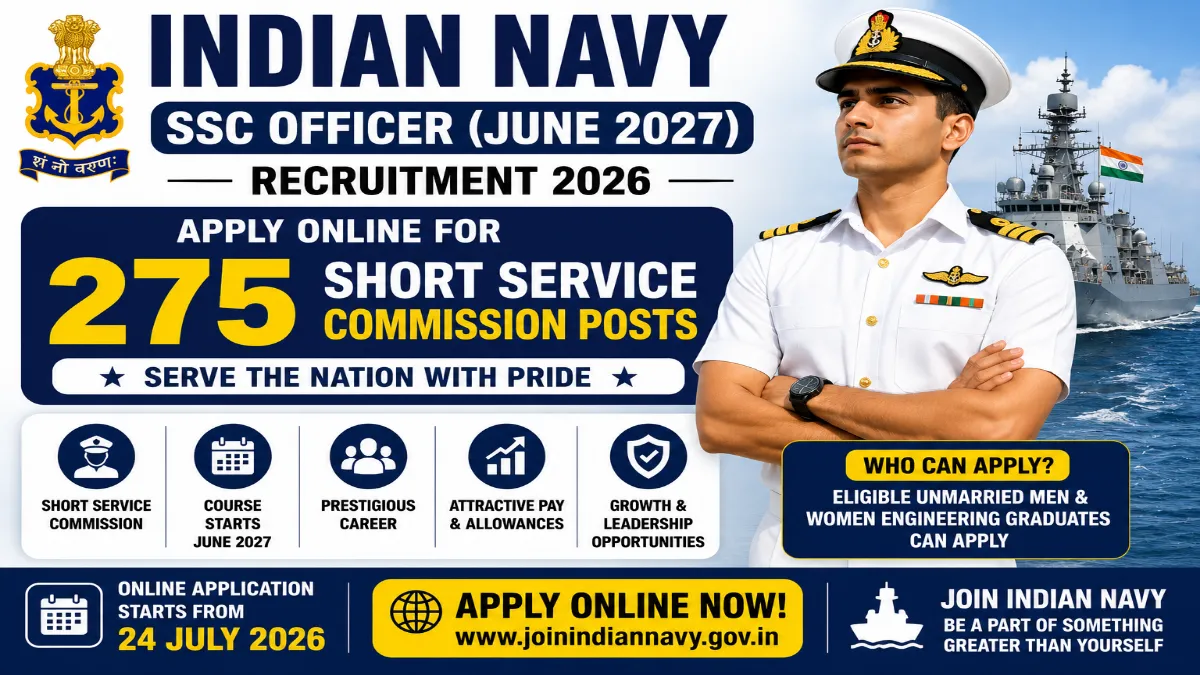 Indian Navy SSC Officer June 2027 Recruitment 2026: Apply Online for 275 Short Service Commission Posts