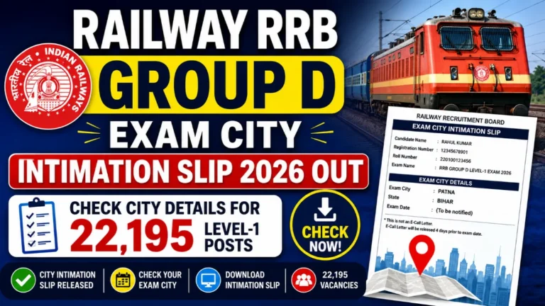 Railway RRB Group D Exam City Intimation Slip 2026 Out – Check City Details for 22,195 Level-1 Posts