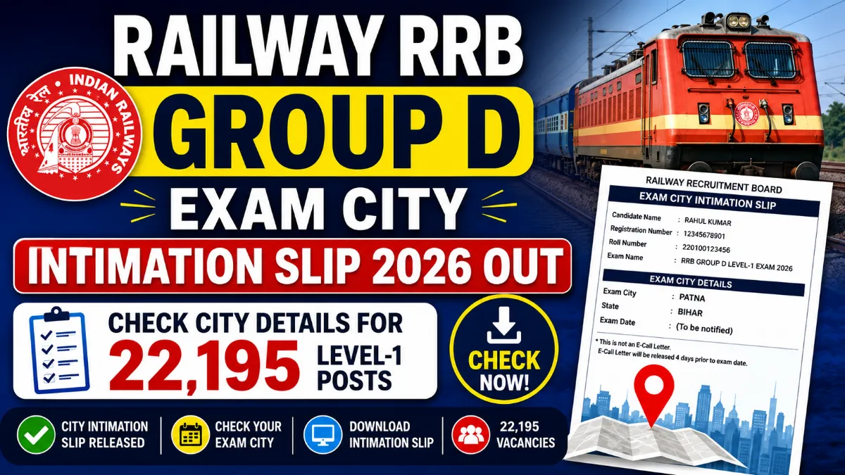 Railway RRB Group D Exam City Intimation Slip 2026 Out – Check City Details for 22,195 Level-1 Posts