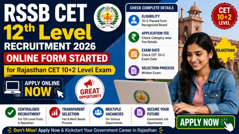 RSSB CET 12th Level Recruitment 2026: Online Form Started for Rajasthan CET 10+2 Level Exam, Check Eligibility, Fee, Exam Date