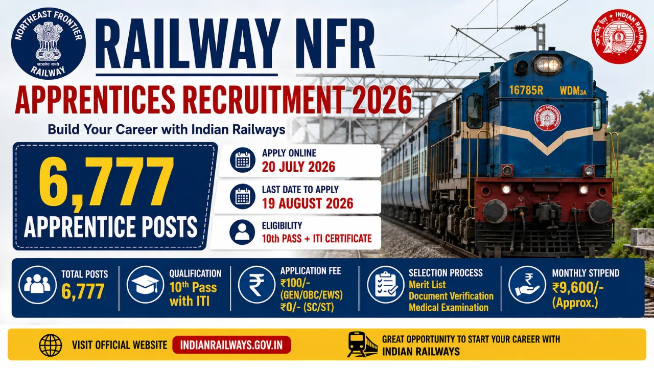 Railway NFR Apprentices Recruitment 2026 featured image highlighting 6777 Apprentice vacancies, 10th pass with ITI eligibility, application dates, merit-based selection, and Indian Railways apprenticeship notification.
