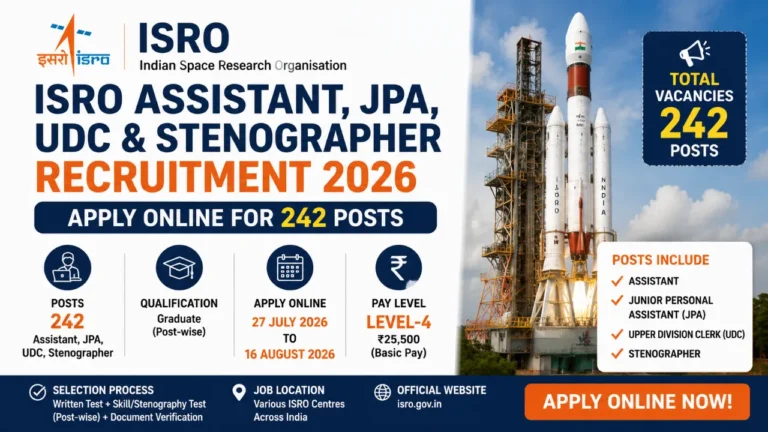 ISRO Assistant JPA UDC Stenographer Recruitment 2026 for 242 Posts