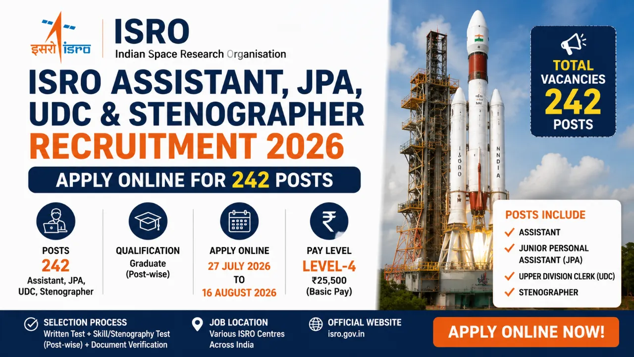 ISRO Assistant JPA UDC Stenographer Recruitment 2026 for 242 Posts