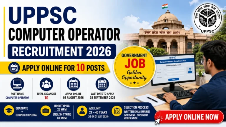 UPPSC Computer Operator Recruitment 2026 featured image showing apply online for 10 Computer Operator posts, important dates, eligibility, age limit, and selection process.