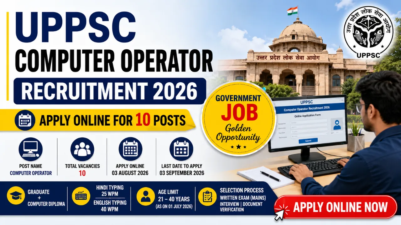 UPPSC Computer Operator Recruitment 2026 featured image showing apply online for 10 Computer Operator posts, important dates, eligibility, age limit, and selection process.