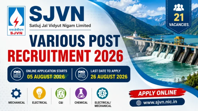 SJVN Various Post Recruitment 2026 featured image showing 21 engineering vacancies, online application dates, and recruitment details for Mechanical, Electrical, C&I, and Chemical posts.