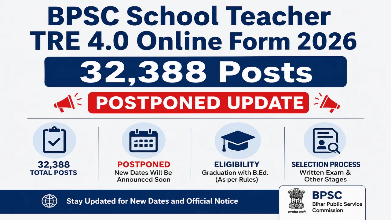 BPSC School Teacher TRE 4.0 Online Form 2026: 32,388 Posts, Postponed Update and Eligibility