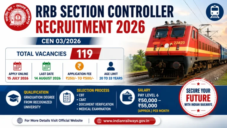 RRB Section Controller Recruitment 2026 notification featuring 119 vacancies, application dates, eligibility, age limit, selection process, exam pattern, and salary details.