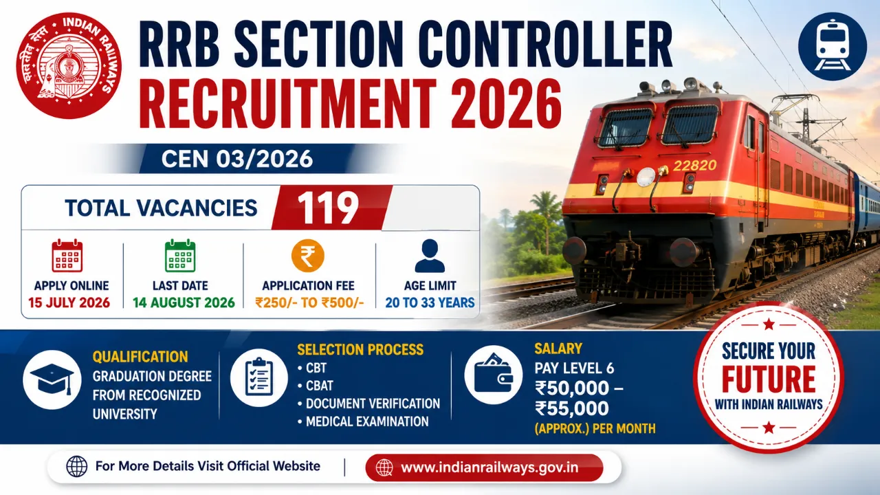 RRB Section Controller Recruitment 2026 notification featuring 119 vacancies, application dates, eligibility, age limit, selection process, exam pattern, and salary details.
